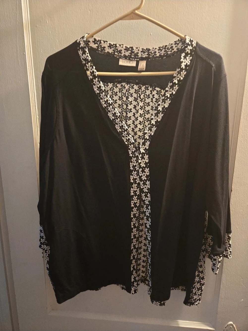 LOGO Black Cardigan with White Patterned Trim